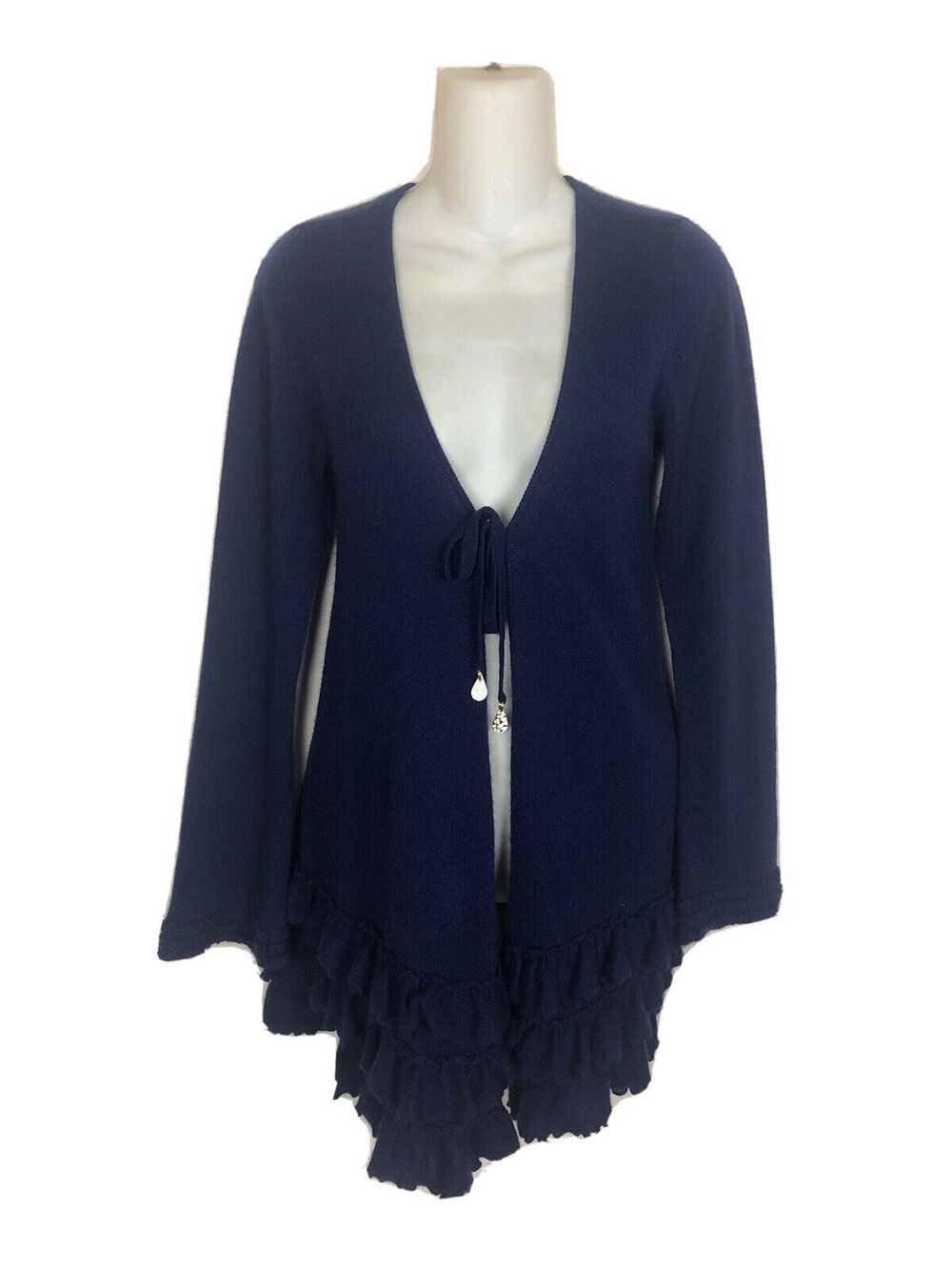 Letarte Maui Hawaii Sz Small Blue Ruffled Tie Front Cashmere Cardigan Sweater